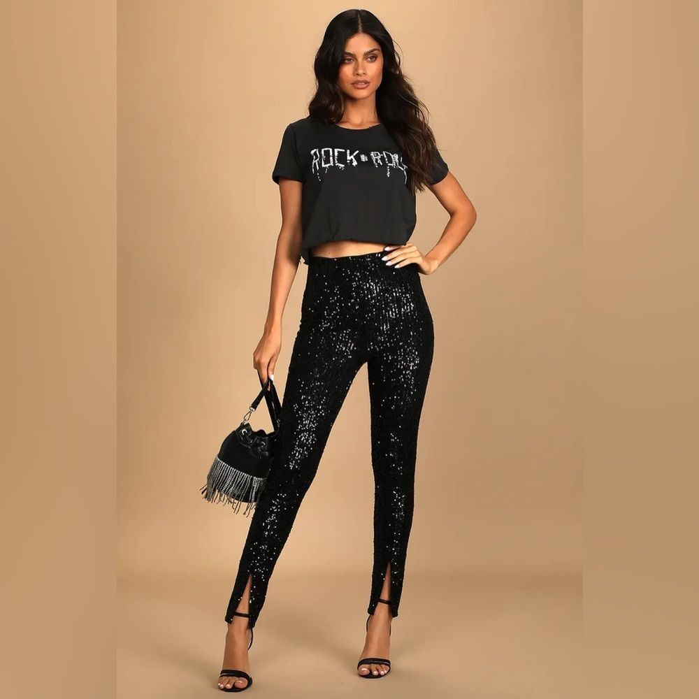 Lulus Party Perfection Black Sequin Slit Front High-Waisted Pants